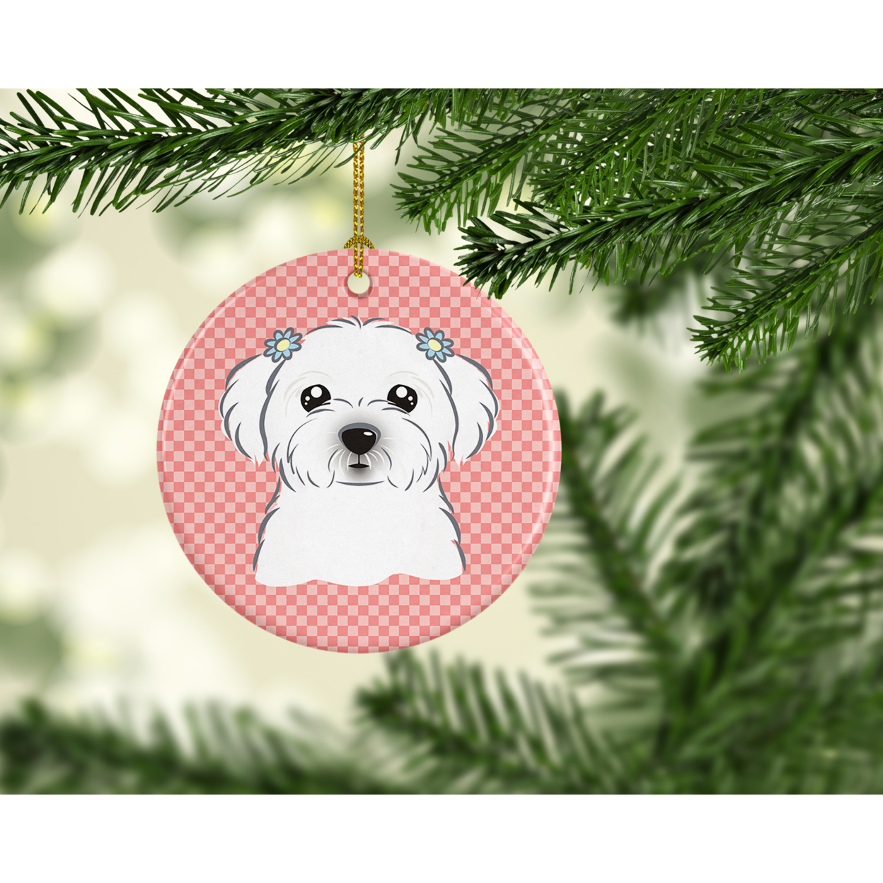 Checkerboard Pink Maltese Ceramic Ornament