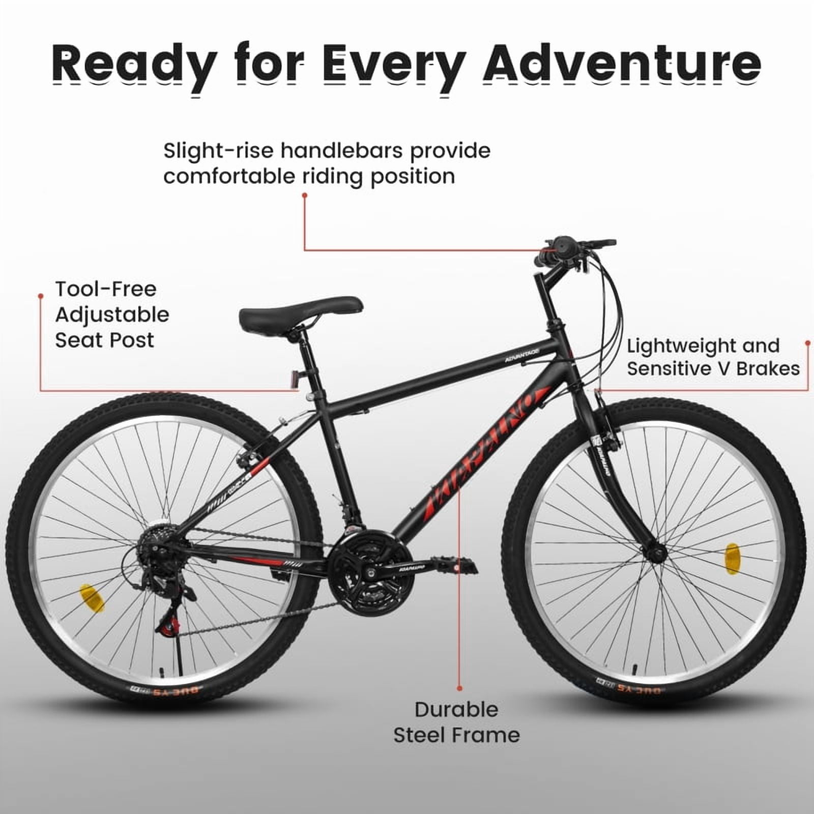 Dcskyn 26" Mountain Bike, Carbon Steel Frame, 21-Speed, Dual V-Brake, Front & Rear Dual Suspension, Adult & Teen Bicycle