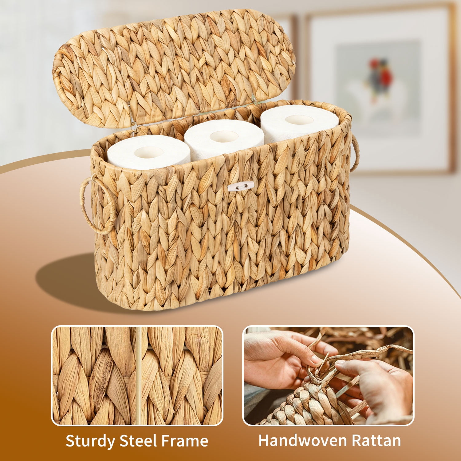 YAOYAO LAND Toilet Paper Storage Basket with Lid, Water Hyacinth Slim Toilet Paper Holder - Holds Up to 6 Mega Rolls, Wicker Basket for Bathroom Organization, Natural