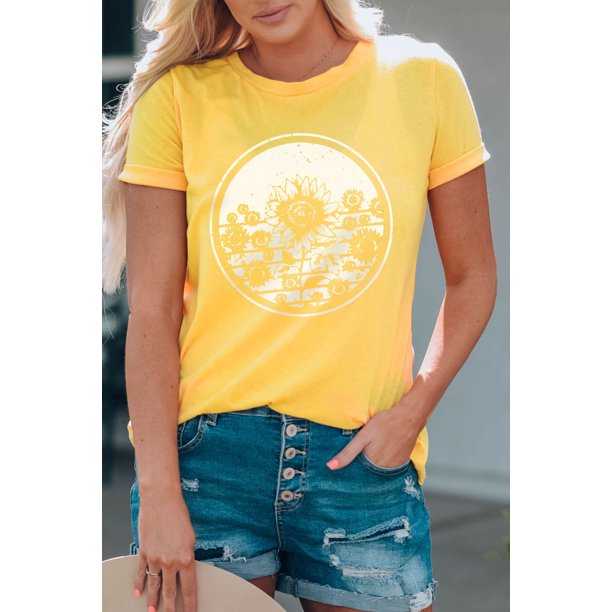 ABPHQTO Camiseta gráfica de manga corta con bloque de color de girasol amarillo para mujer
