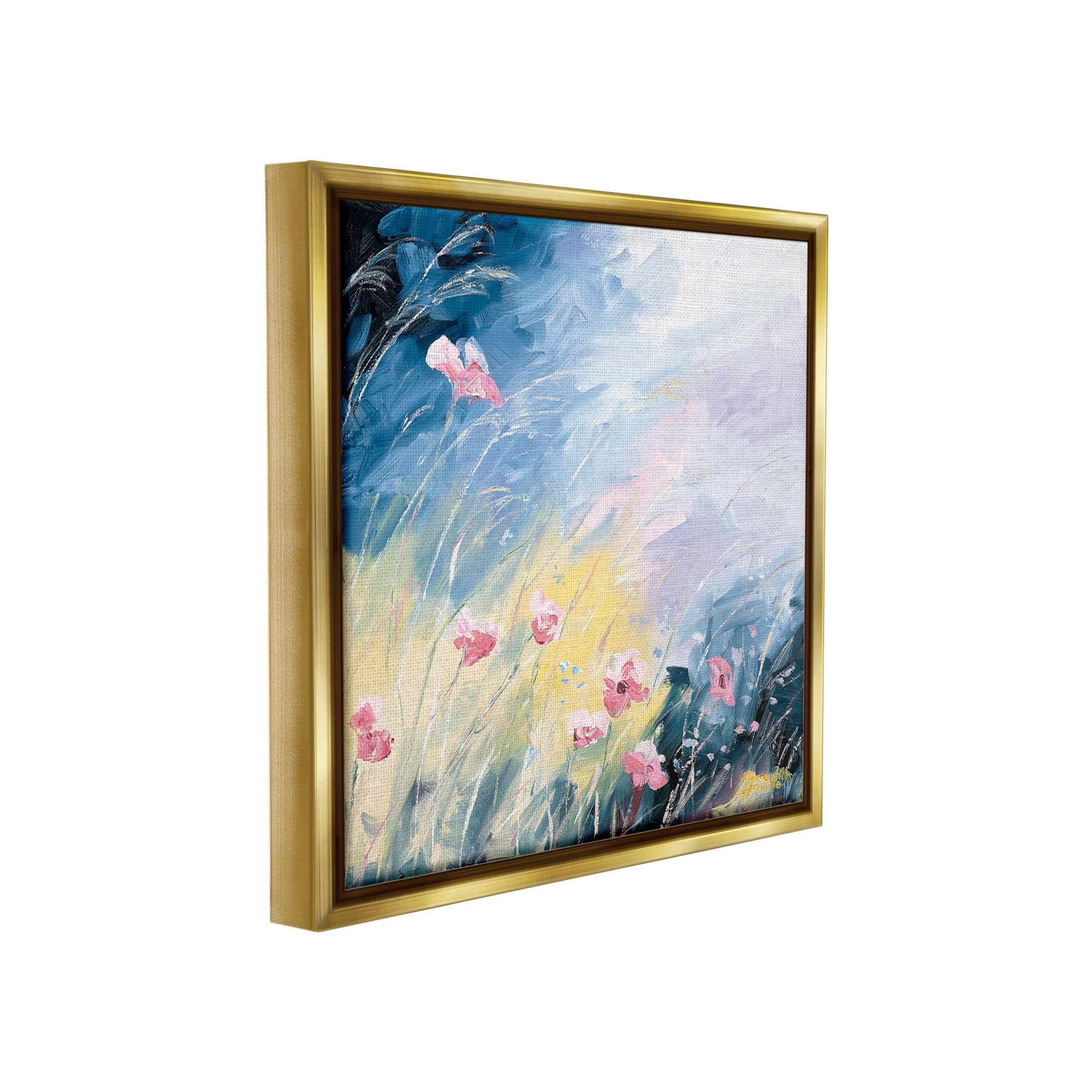 Stupell Industries Flowers with Abstract Ombre Botanical & Floral Painting Gold Floater Framed Canvas Art Print Wall Art, 25 x 25