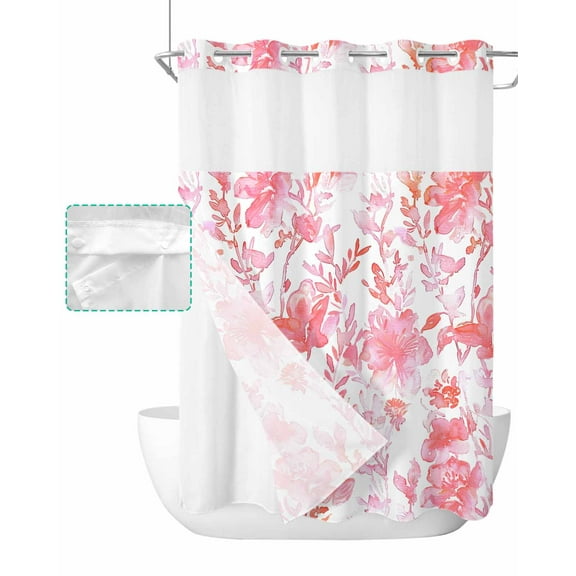 No Hook Shower Curtain with Snap in Liner, Red Abstract Flowers Plants Watercolor Floral Hotel Shower Curtains for Bathroom, Washable Shower Curtain Liner Set with Mesh Top Window, 48"x72"