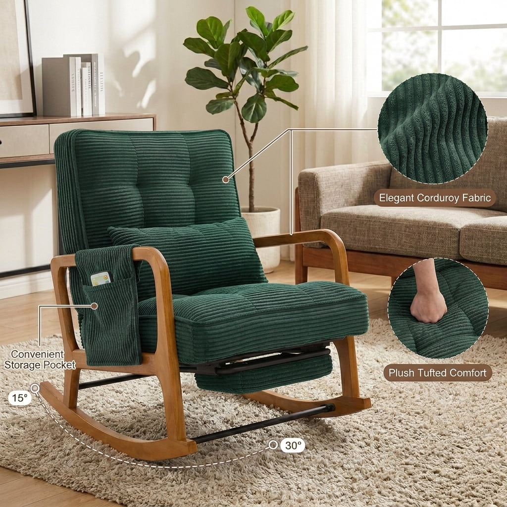 MOONMISS Rocking Chair with Footrest,Rocker Nursery Chair with Side Pocket,Glider Rocker,Accent Reading Chair for Living Room,Green