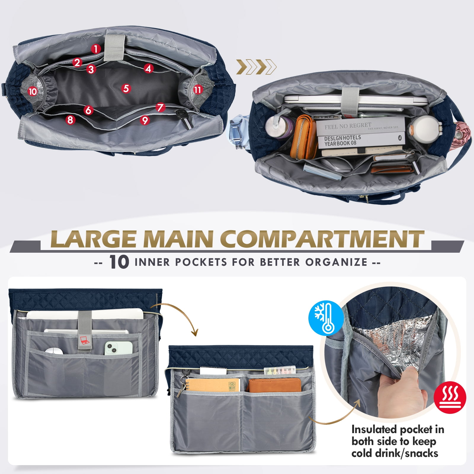 RAINSMORE Teacher Tote Bag 15.6 inch Laptop Bag for Women Work Bags Laptop Tote Nurse Bag Professional Computer Messenger with Insulated Pocket, Laptop Briefcase for Office, College, Nursing