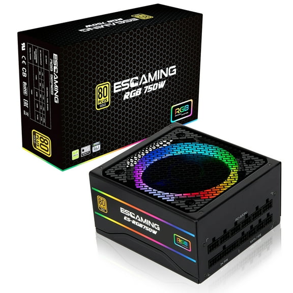 ESGAMING Power Supply 750W, Full Modular RGB Power Supply, 80 PLUS Gold Certified PSU with 120mm Silent Cooling RGB Fan, ATX PC Power Supply with 25 ARGB Light Modes