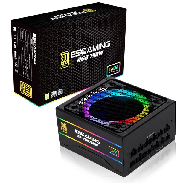 ESGAMING Power Supply 750W, Full Modular RGB Power Supply, 80 PLUS Gold