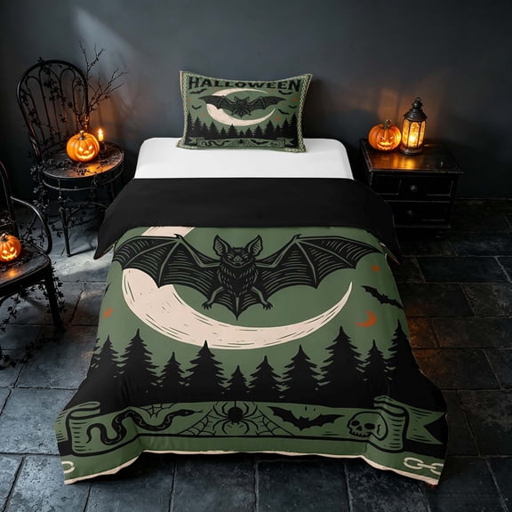 Homewish Halloween Bat Twin Duvet Cover, Vintage Castle Twin Bedding, Olive Green, Black Reversible 2-Piece, 1 Duvet Cover and 1 Pillowcase