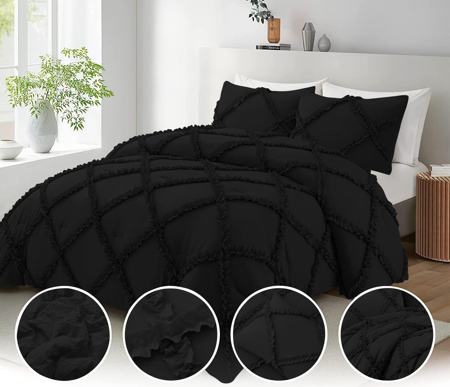 Duvet Cover Diamond Ruffle with Zipper Closure 1 Piece Oversized Queen (98" x 98") Inches 100% Cotton 800 TC Premium Hotel Class Decorative Bedding with Corner Ties - Black Solid