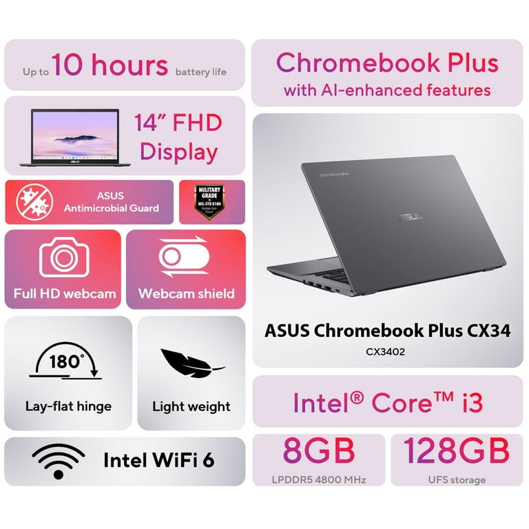 ASUS Chromebook Plus CX34 14 inch Touch Laptop with Google AI