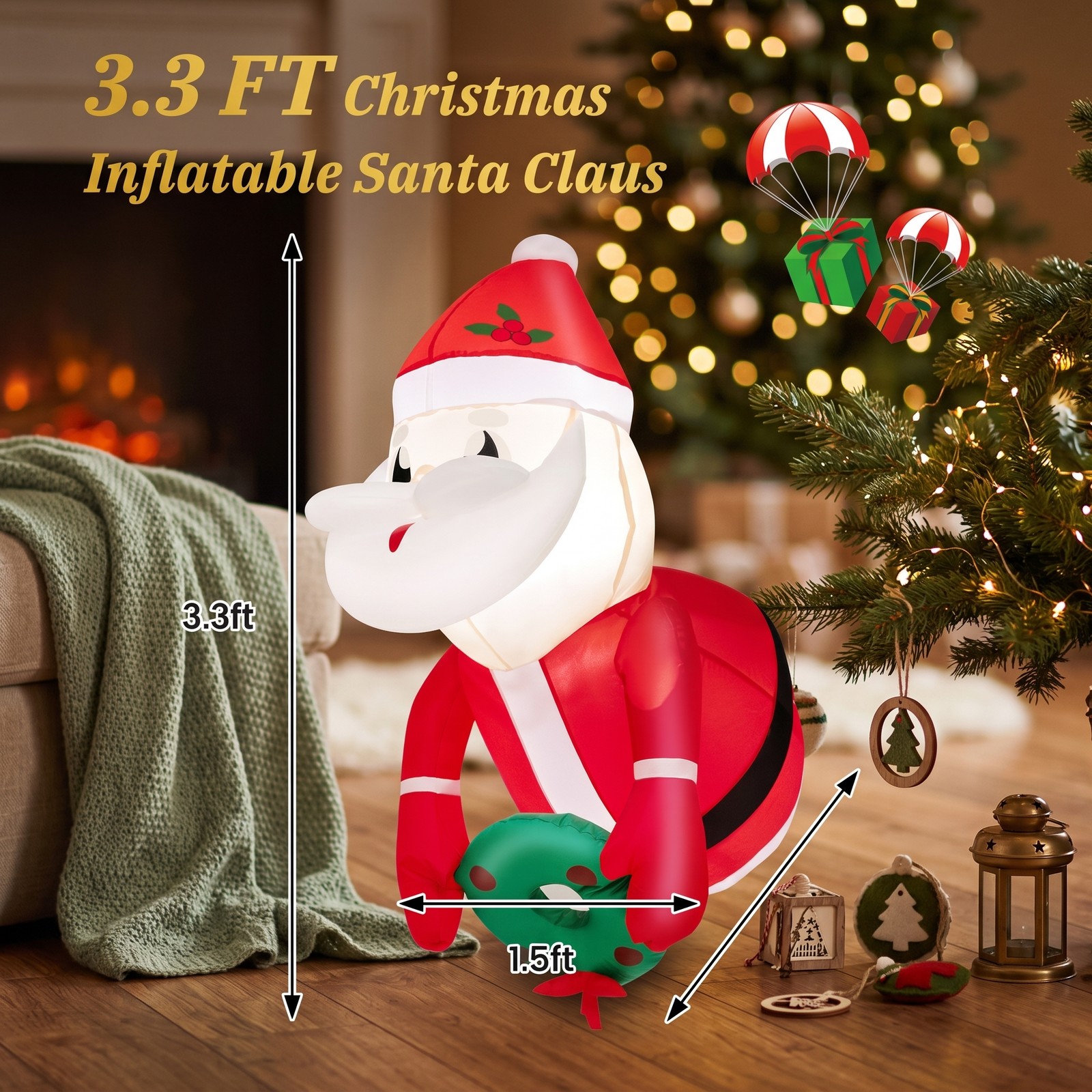 RUIE 3.3 FT Lighted Christmas Inflatable Santa Claus Broke Out from Window LED Blow Up Holiday Yard Decoration Indoor Outdoor Xmas Decor, Red