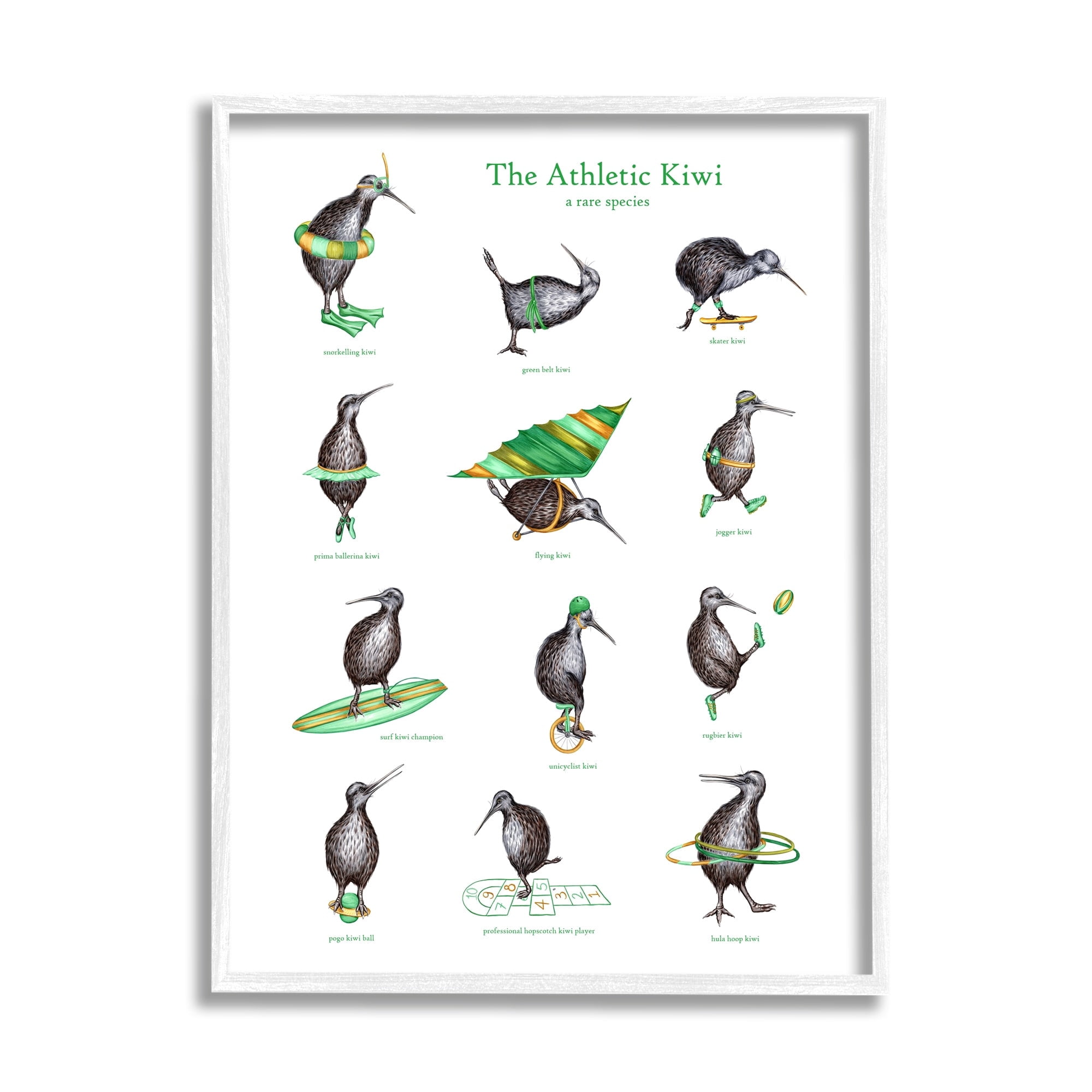 Stupell Industries Athletic Kiwi Various Exercises Bird Drawings Chart Graphic Art White Framed Art Print Wall Art, Design by Amelie Legault