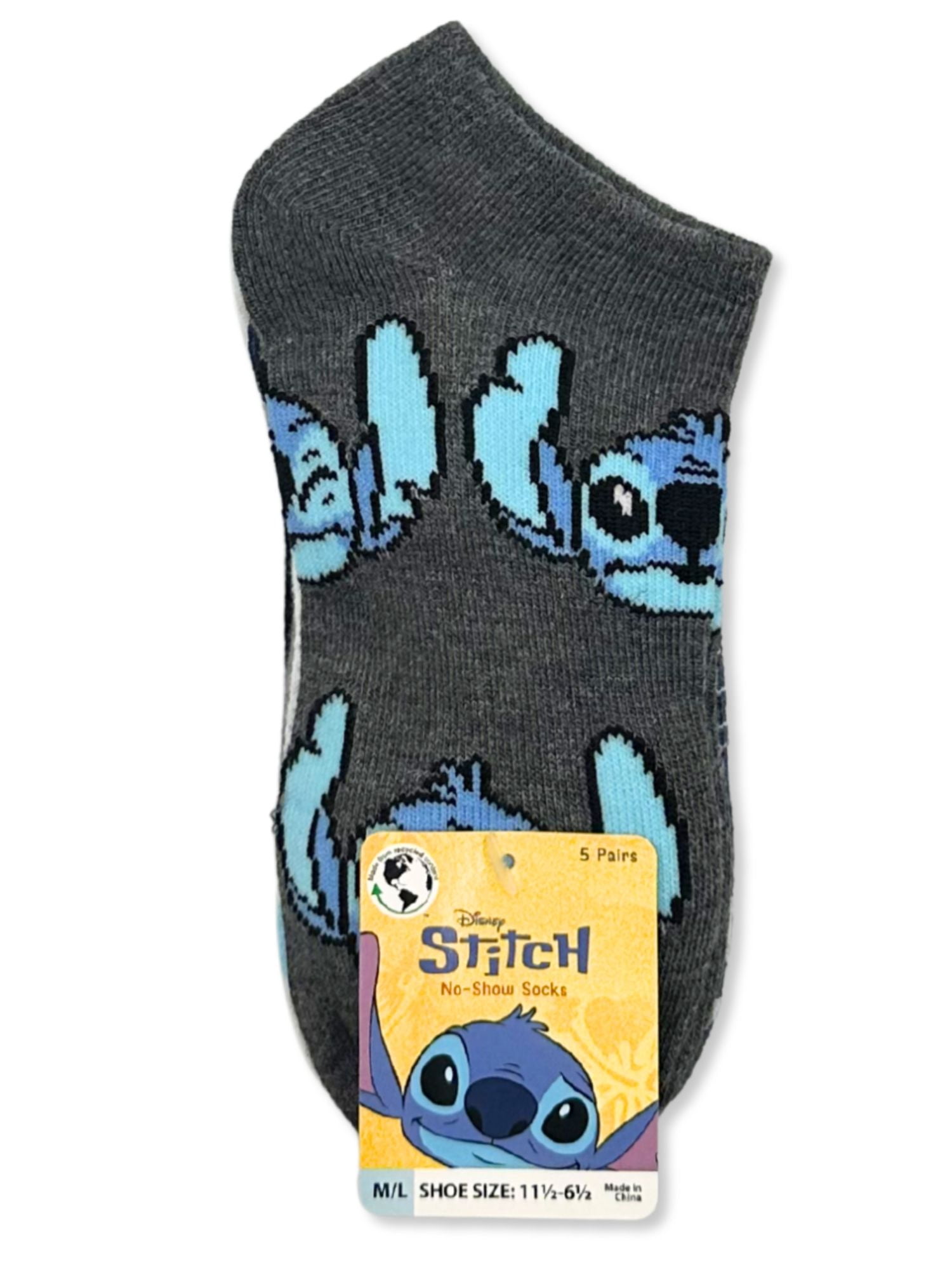 Disney Stitch Boys No-Show Socks, 5-Pack, Sizes S/M-M/L