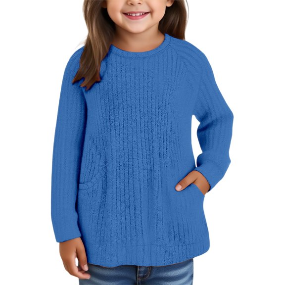 XXWXYD Girls Long Sleeve Crewneck Sweaters Loose Knit Tops with Pocket Soft Yarn Fall Tunic Casual Solid Color Clothes 3-14 Years