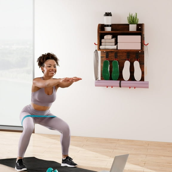 LOGYAT Home Gym Organizer, Wall Mounted Storage Rack Shelf for Yoga Mats, Shoes, Gym Equipment, Large Capacity Shelf for Home Training Accessories, Towels, Clothes, Rustic Brown