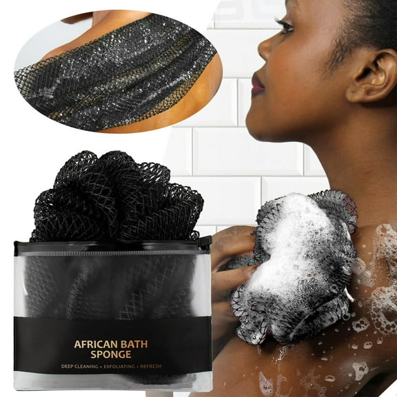 Denhf African Net Sponge, Real African Loofah Shower Net Scrubber with Rope Handle, African Mesh Wash Cloth for Exfoliation, African Wash Net for Body, Body Care Bathing Accessories, Black