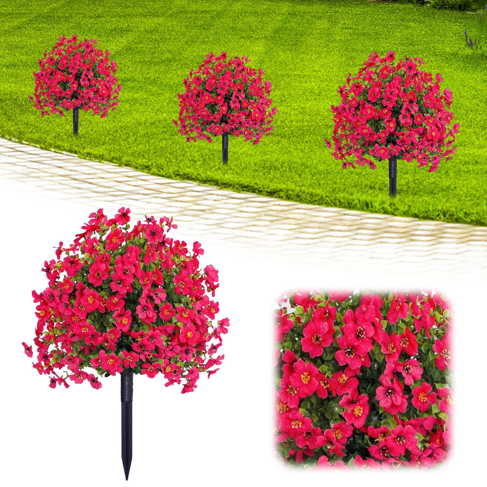 Artificial Geranium Flowers with Stake, UV Resistant Fake Outdoor Bushes, Realistic Silk Faux Flowers for Front Porch Patio Garden Decor, Artificial Shrubs for Outside