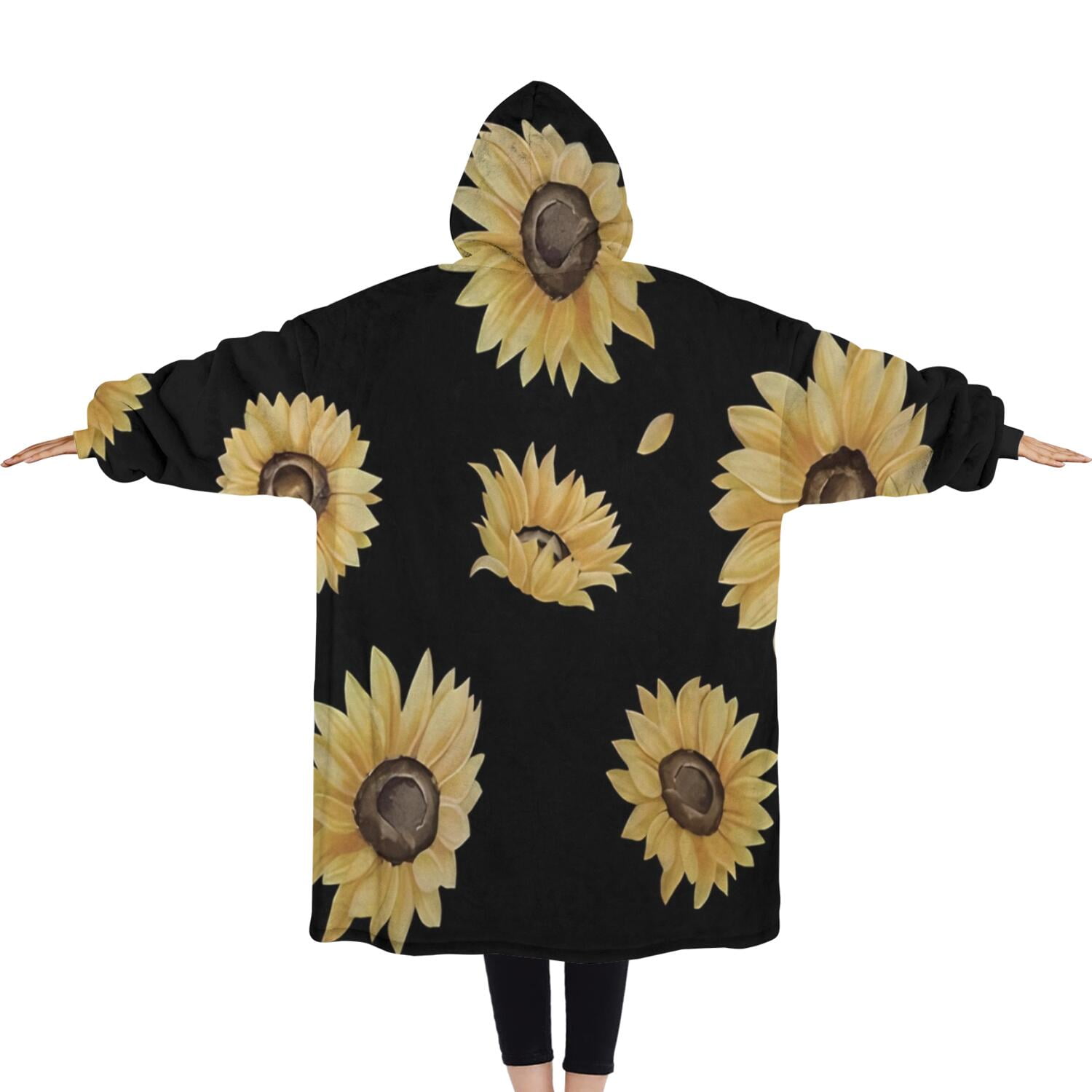 Oversized Wearable Blanket Hoodie,Black Yellow Sunflower Pattern Sherpa Blanket Hoodie with Super Pockets,Super Warm Fuzzy Pullover for Women & Men