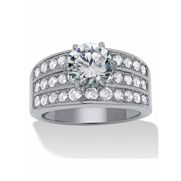 PalmBeach Jewelry 3.18 TCW Round Cubic Zirconia Stainless Steel Three Row Pave Engagement Ring