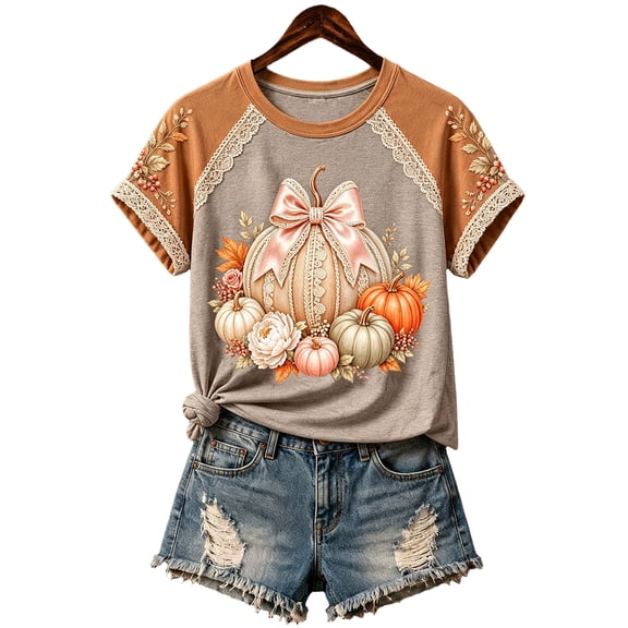Halloween Women's Fall Short-Sleeve T-Shirts Autumn Pumpkin Printed Tshirts Western Country Music Graphic Tees Gray S
