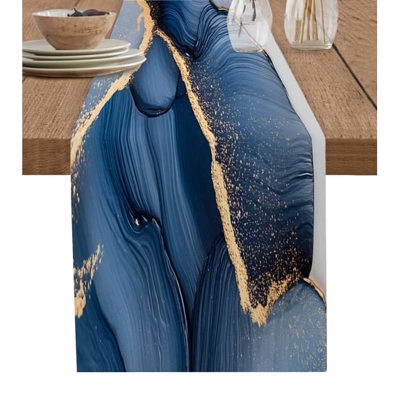 Ldtrchee Marble Navy Blue Table Runner 90 Inches, Modern Ink Painted Artwork Bed Runner Dresser Scarves Tabletop for Indoor Outdoor Parties/Ceremony/Banquet, 13" x 90"