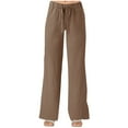 thumbnail image 2 of Sweatpants Women Summer Solid Color Strapped Pockets Loose Straight Linen Trouser Coffee Casual Lounge Pant XL, 2 of 5