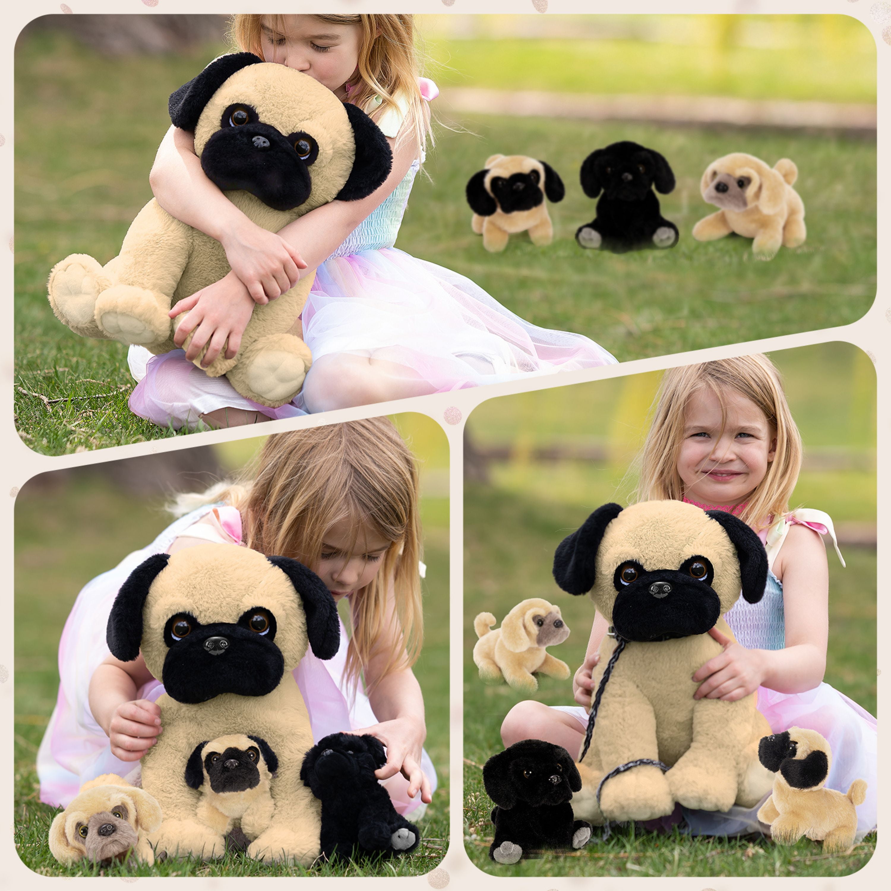 Muiteiur 4Pcs Pug Dog Stuffed Animal 14'' Dog Plush with 3 Puppies Plush Toy
