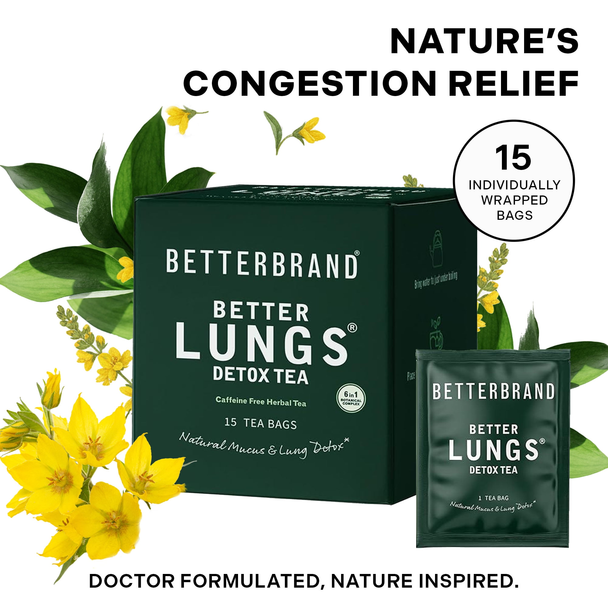 Betterbrand Mullein Tea Bags for Lung Detox - Respiratory Support with Thyme, Elderberry, Ginseng, Ginger, Caffeine Free Herbal Blend - 15 Tea Bags (Pack of 1 )
