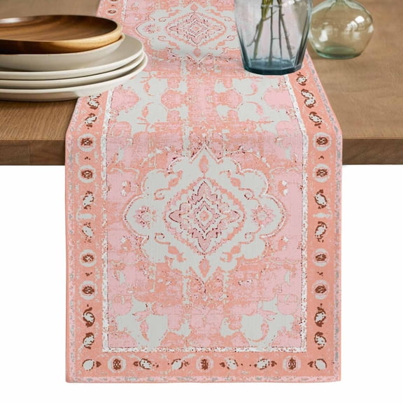 Pink Boho Table Runner, Vintage Abstract Tribal Decorative Oriental Washable Cotton Linen Table Runners 120 Inches Long, Dresser Scarf Runner for Dining/Living Room/Kitchen/Square Tables 13''x120''