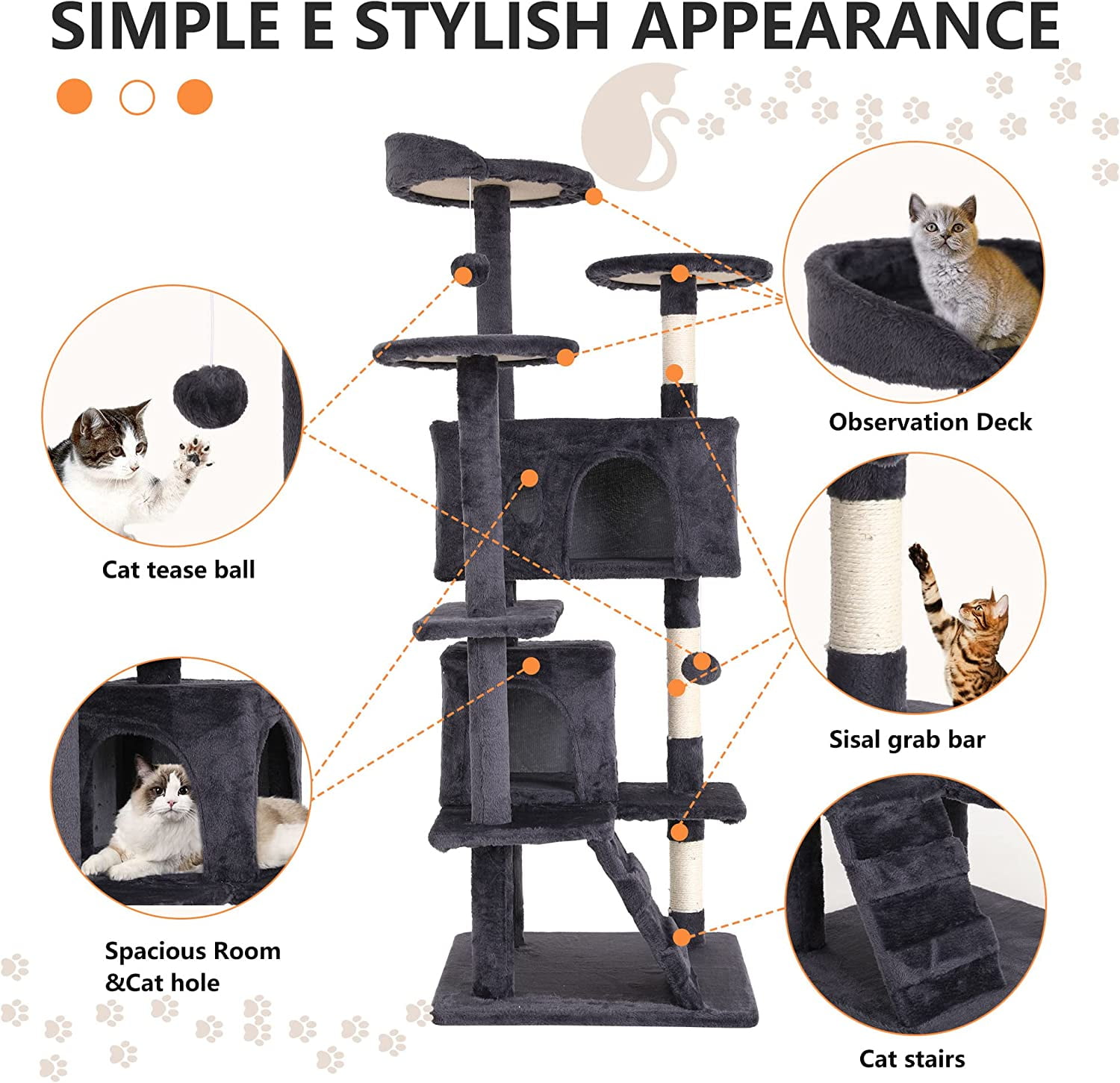 BestPet 54in Cat Tree Tower with Cat Scratching Posts Stand House Cat Condo with Funny Toys Ashy