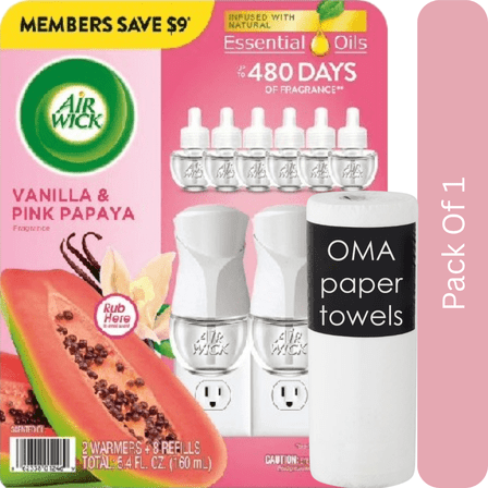 Air Wick Scented Oil Starter Kit – Vanilla & Pink Papaya (2 Warmers   8 Refills)-With Paper Towel By OMA