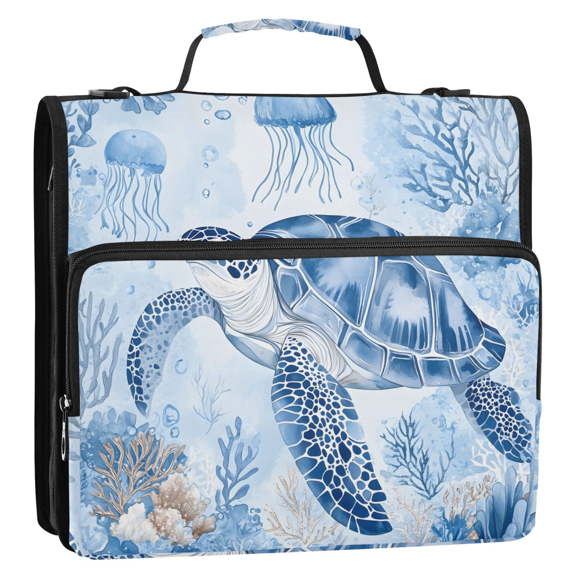 3 Ring Zipper Binder with Shoulder Strap Waterproof Trapper Keeper 2 Inch D-Ring 500 Sheets Capacity Watercolor Turtle Jellyfish