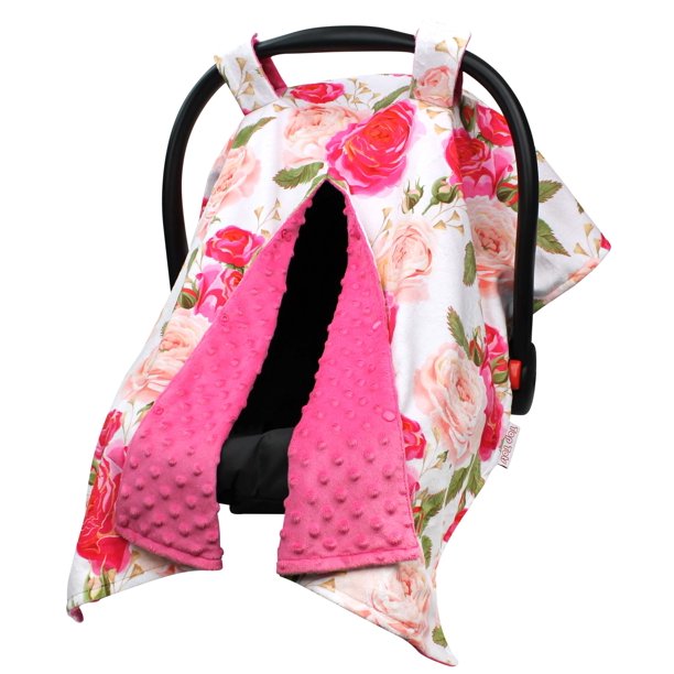 Top Tots Deluxe Minky Car Seat Canopy for Baby Boy or Girl, Hot Pink