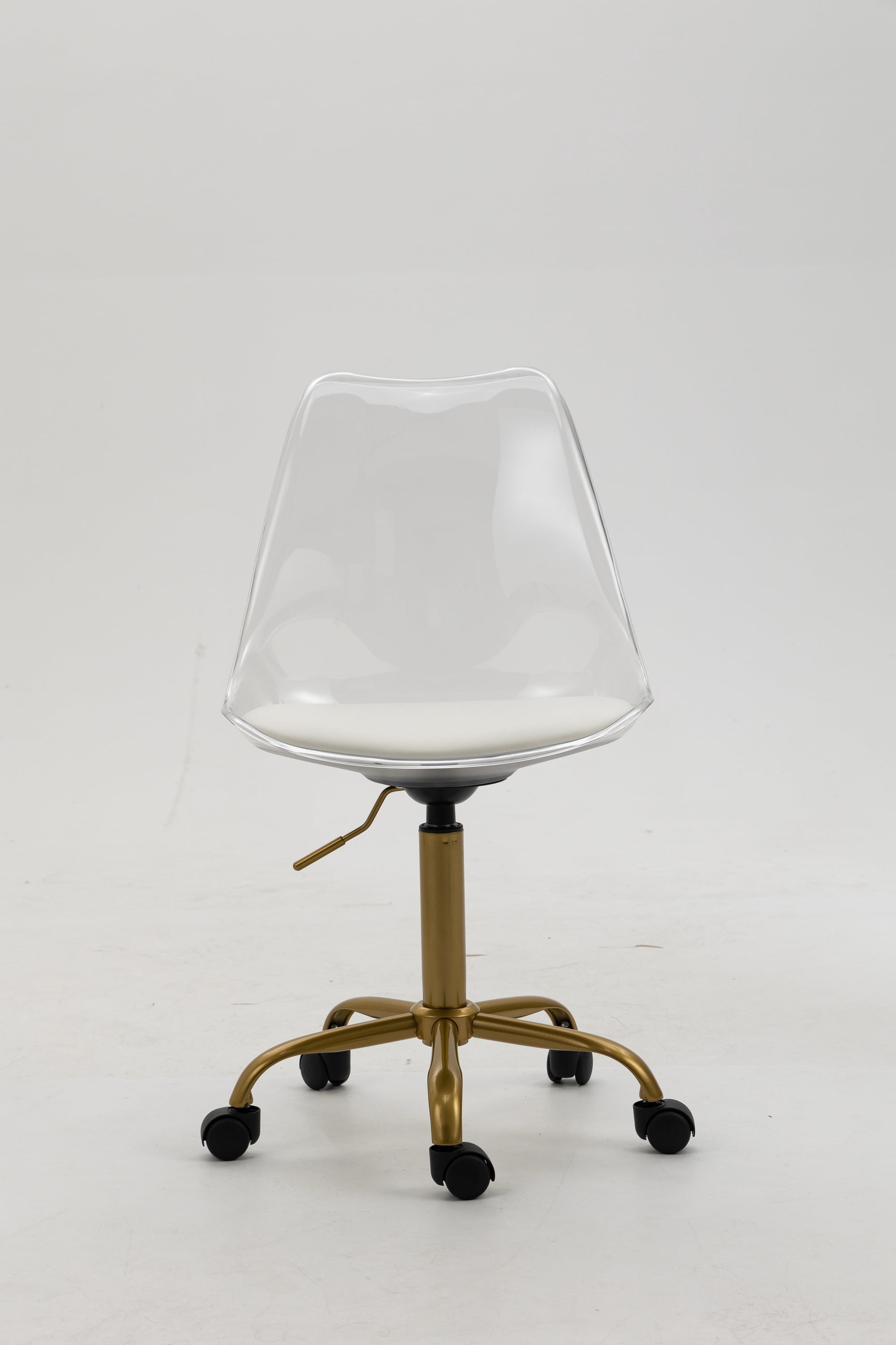 Luccalily Clear Acrylic Rolling Chair With Cushion,Modern Small Cute Armless Vanity Rolling Plastic Chair Home Office Lucite Ghost Chairs Cushion Padded with Adjustable Height and Golden Wheels