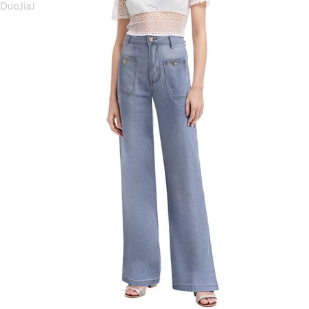 DuoJiaJ Women s New 2026 Loose Wide Leg Large Size Casual Washed Button Micro Horn Jeans Women s Casual Pants Women s Wide Leg Pants Blue S