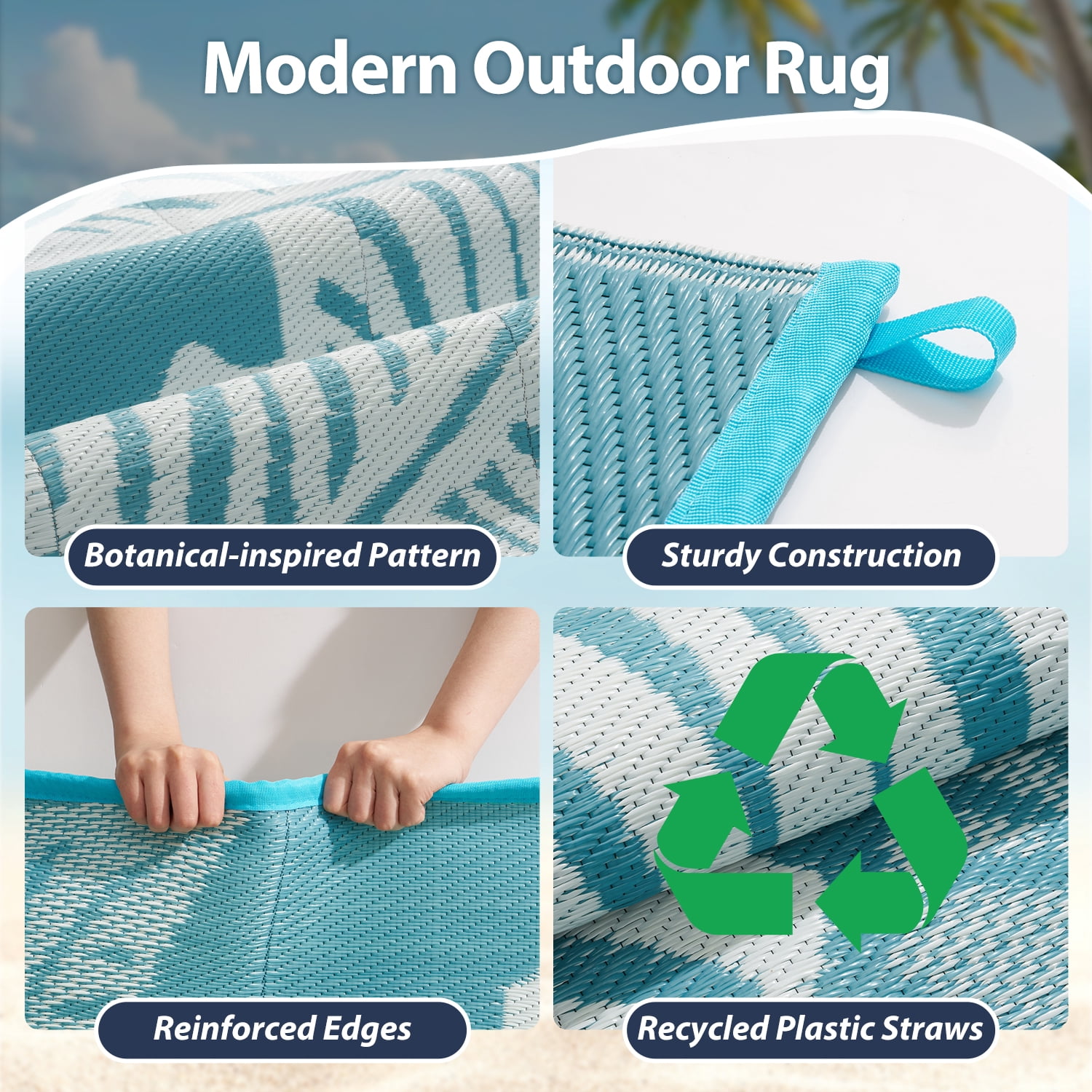 VUNATE Outdoor Rug Carpet 6'x9' Waterproof Reversible Patio Rug Portable Indoor Outdoor Rug Plastic Straw Rug for Beach RV Camping Garden Picnic Deck Backyard Tropical Porch Decor Blue and White