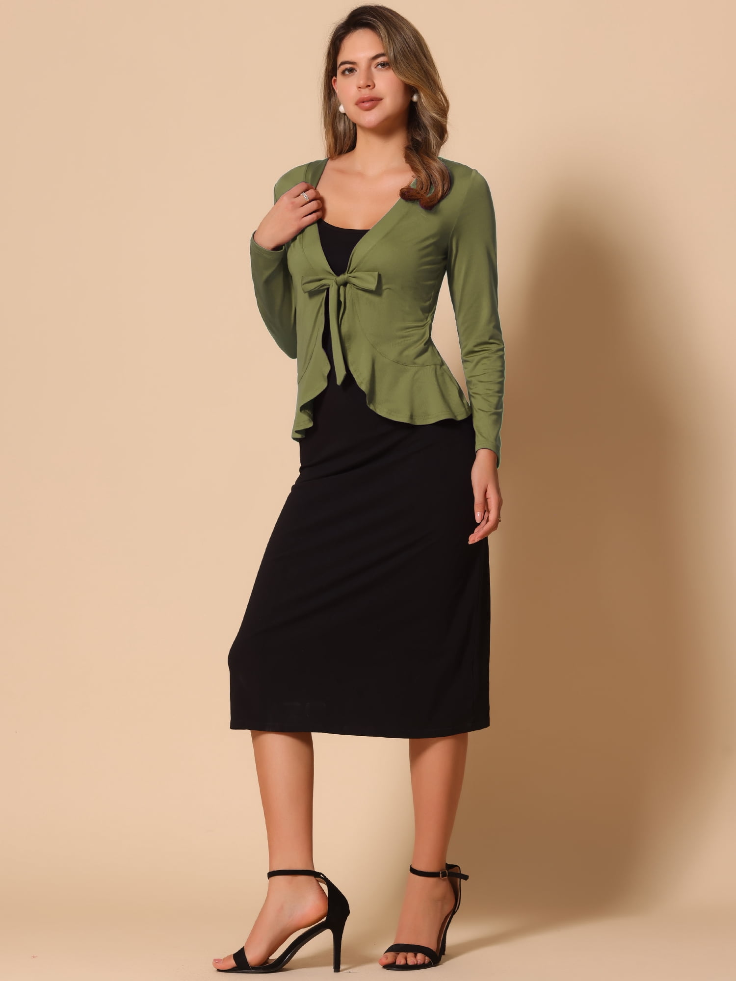 DARING DIVA Women's Tie Front Ruffled Hem Crop Knit Cardigan XL Olive Green