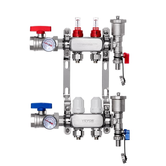 VEVOR 2-Branch Radiant Heat Manifold, 1/2" PEX Tubing Manifold, Stainless Steel PEX Manifold for Hydronic Radiant Floor Heating, Radiant Heat PEX Manifold Kit with 1/2" Adapters Included