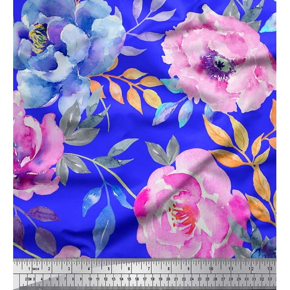 Soimoi Blue Cotton Cambric Fabric Leaves & Floral Print Fabric by The Yard 56 Inch Wide