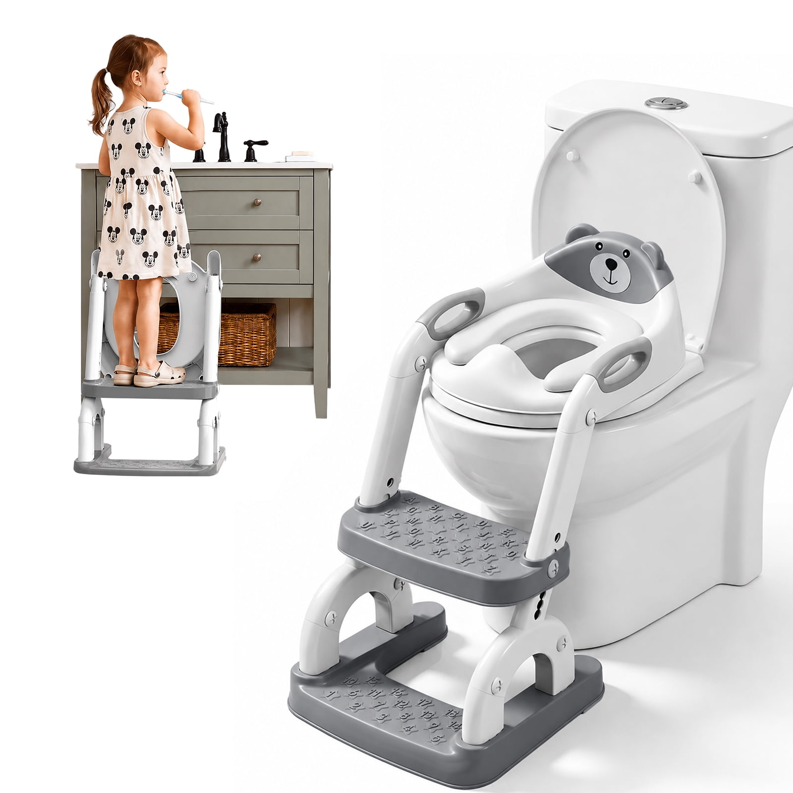 Arenviy Potty Training Toilet for Toddlers - 2 in 1 Potty Training Seat with Step Stool Ladder & Safety Handles - Foldable Potty Chair with Comfortable Kids Potty Cushion & Anti-Slip Pads, 200Lbs