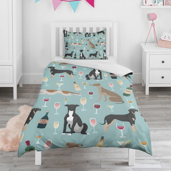 Dogs with Wine and Glasses Duvet Cover and Pillowcase Set for Single Bedding, Bedroom Accessories for Kids Teens