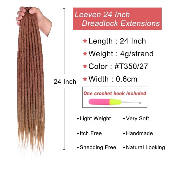 WEIF-24 Inch Synthetic Dreadlock Extensions 20 Strands Ombre Copper Red to Honey Blonde Single Ended Dread Extensions Handmade SE Thin Hippie Dreads 0.6 cm Soft Loc Extensions for Women Men