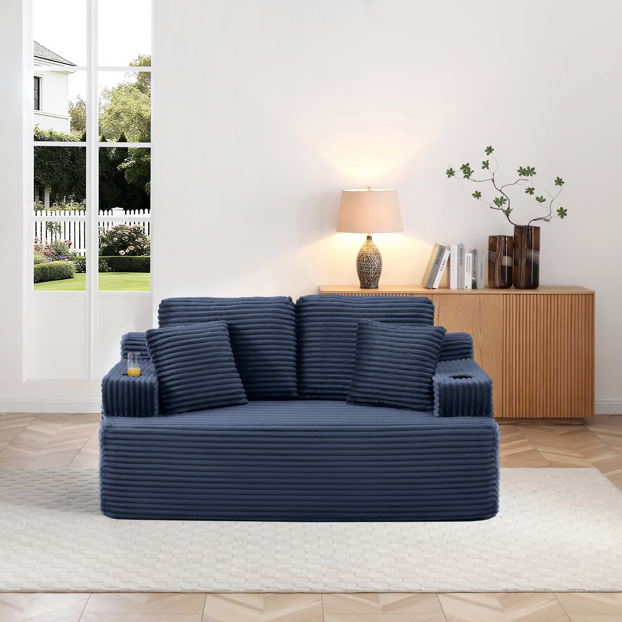 Boneless Loveseat, 2-Seater Floor Couch with Cup Holders and Side Pockets, Corduroy Fabric No Assembly Sofa for Small Space or Apartment, 66.5 Inch, Blue