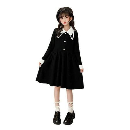 

Odeerbi Girls Knit Dress Toddler Girls Clothes Sweater Dress Crew Neck Lapel Sleeve Dress Knit Ruffled Dress Black 3-4 Years