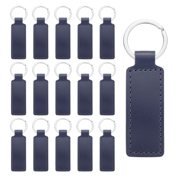 15 Pcs Leather Keychain Blanks Bulk Rectangle Laser Engraving Keychain Leather Key Fob Kit with Key Rings for DIY Supplies Gifts (Dark Blue, 3.7"x1.2")