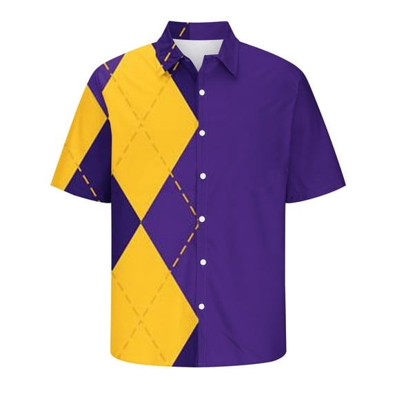 Xixinqiwan Mardi Gras Short Sleeve T-Shirt for Men,Men's Beads Mardi Gras Hawaiian Shirt Button Up V Neck Casual Tops Holiday Party Outfit