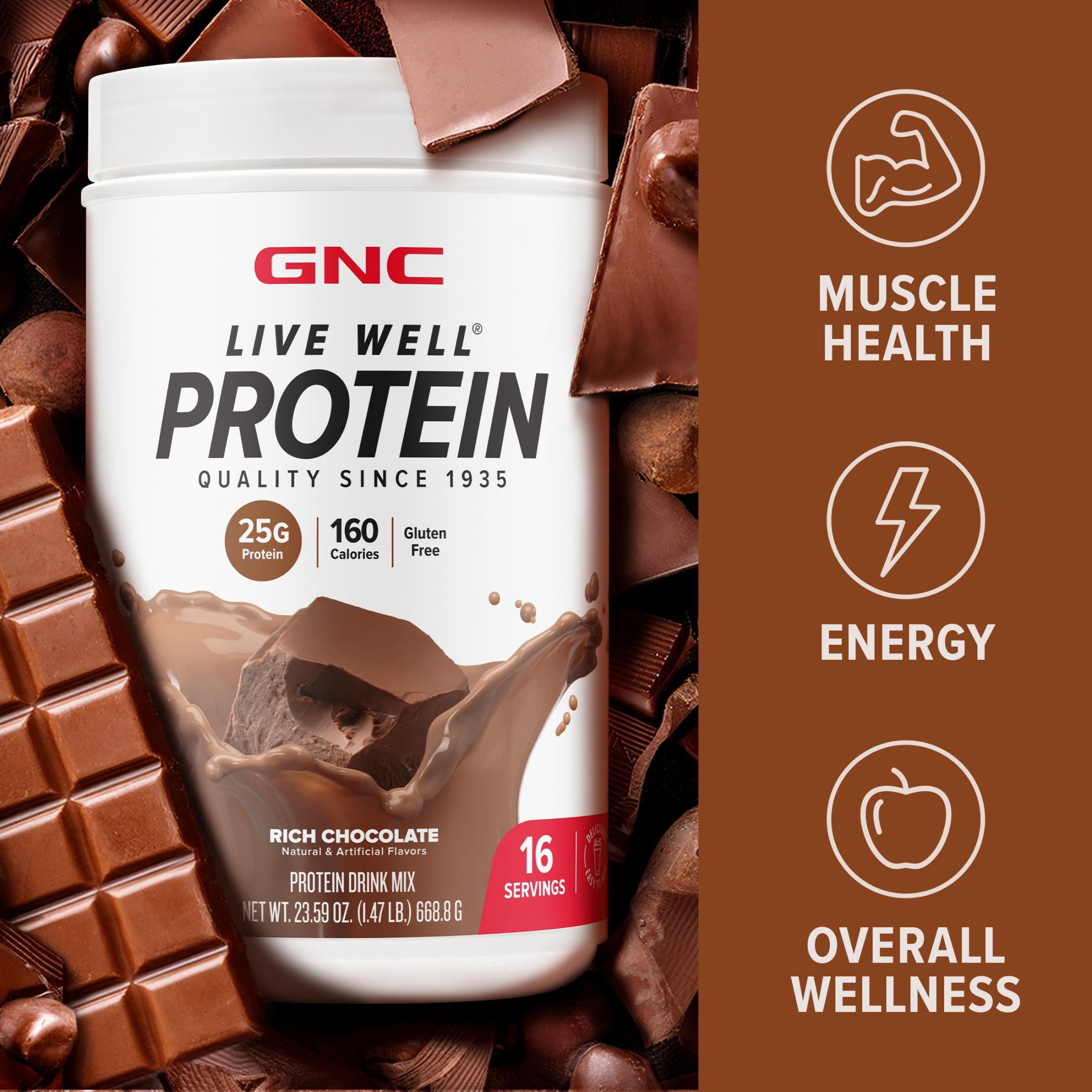 GNC Live Well Protein Powder, 25g Whey Protein, Rich Chocolate, Gluten Free, No Sugar Added, 16 Servings