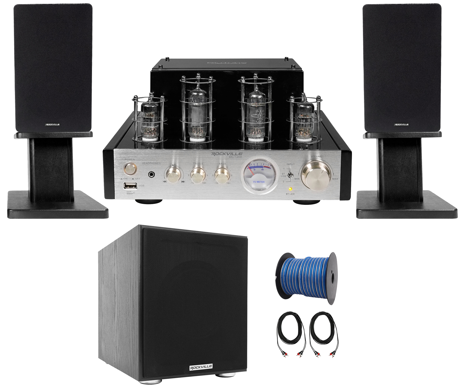 Rockville BluTube Bluetooth Tube Amplifier+Black Bookshelf Speakers