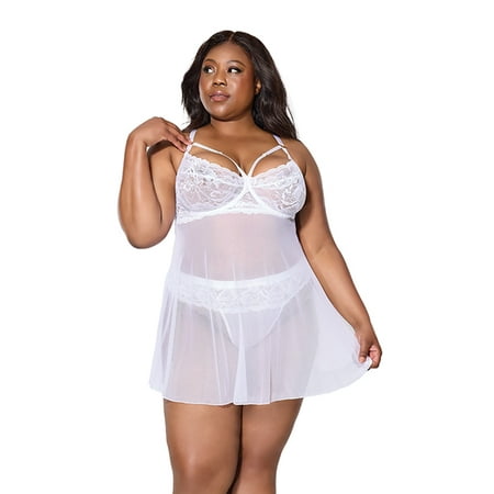 Scallop Stretch Lace & Mesh Babydoll w/Thong - White 1X/2X