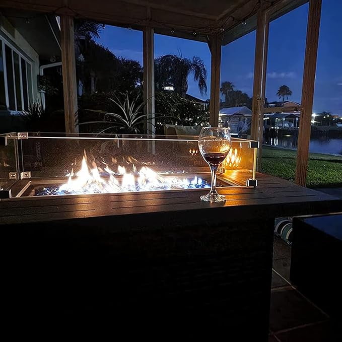 LayinSun 44" Propane Gas Fire Pit Table, 55000 BTU Rectangular Fire Pit with Glass Wind Guard for Outside Patio Deck Garden Backyard
