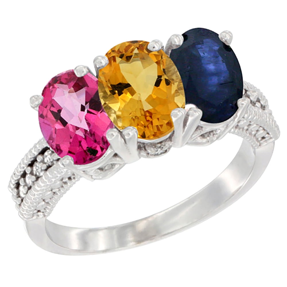 14K White Gold Natural Pink Topaz, Citrine & Blue Sapphire Ring 3-Stone 7x5 mm Oval Diamond Accent, sizes 5 10 by WorldJewels